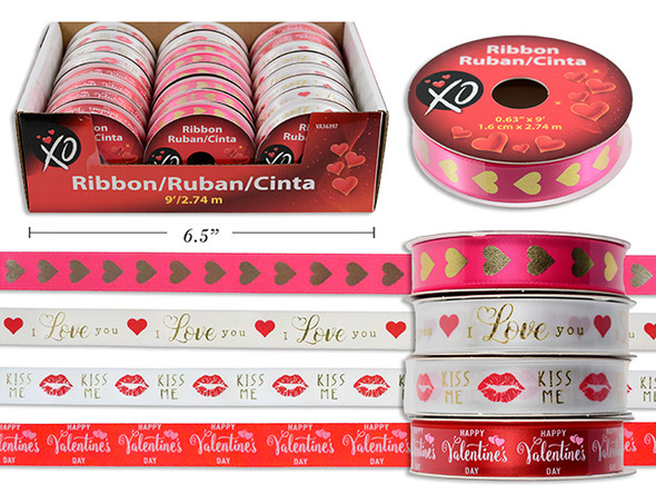 3yd x 5/8in V'tine 2-Tone w/Foil Printed Ribbon Assortment. 4 Asst. 24/Dsp.