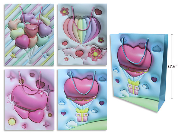Matte w/Hotstamp Heart Horizontal Giftbag - Large. PP Handle. 4 Asst.Styles. J-hook.