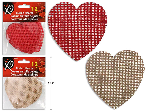 12pk 2.95in x 2.75in Burlap Hearts. 2 Asst.Cols: Natural / Red. Pbh.