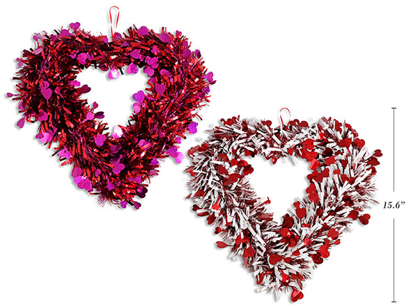 15.6in V'tine Die-Cut Heart Tinsel Wreath. 2 Asst.Styles. Cht.