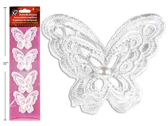 4pk 2-5/8in(W) Vtine Satin Lace Butterfly w/Pearl Bead Stickers. 18mm Pearl Bead. Polybag w/Insert.