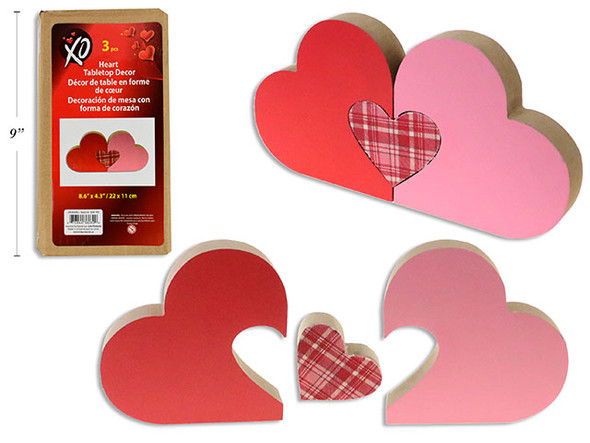 8-5/8in Plaid 3pcs Puzzle Heart Tabletop Decoration. Brown Box w/Colour Label.