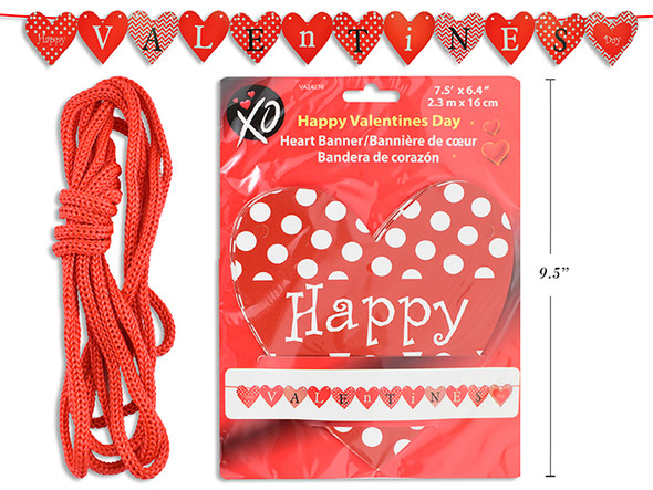 90in x 6-3/8in Happy Valentines Day Heart Banner. Polybag Insert.