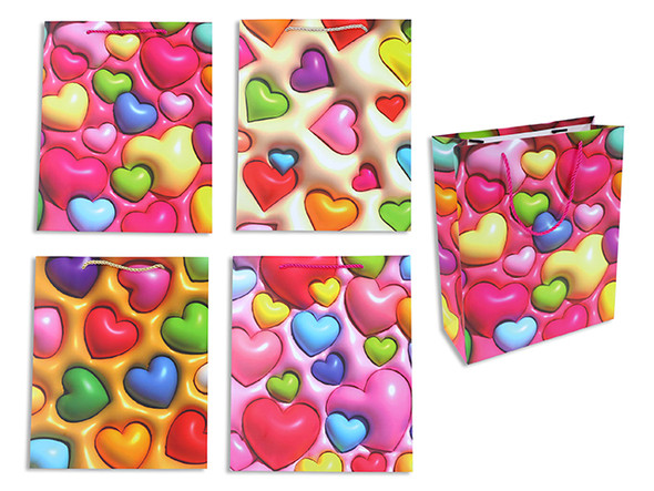 Matte 3D Look Rainbow Heart Giftbag - Large. PP Handle. 4 Asst.Styles. J-hook.