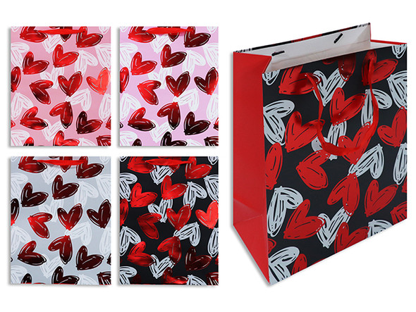 Matte w/Foil Brushstroke Sketchy Hearts Giftbag - Jumbo. PP Handle. 4 Asst.Styles. J-hook.