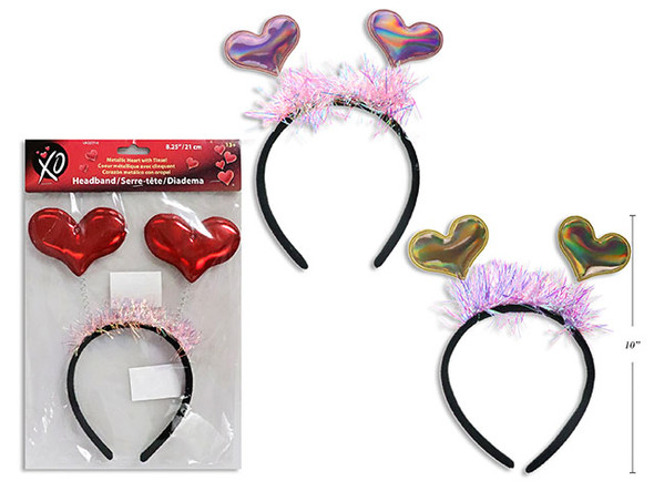 9.75in V'tine Metallic Heart w/Tinsel Headband. 3 Asst.Colours. Pbh.