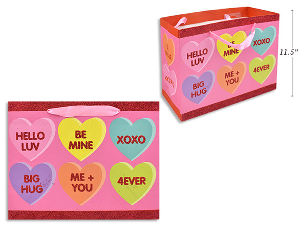 Vtine Matte Glitter Conversation Heart Horizontal Giftbag - Med. Satin Handle. J-hook.