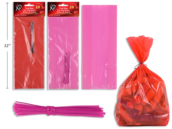 20pk 4in x 9.5in Vtine Solid Colour Treat Bags w/ Twist Ties. 2in(Gusset). Pbh.