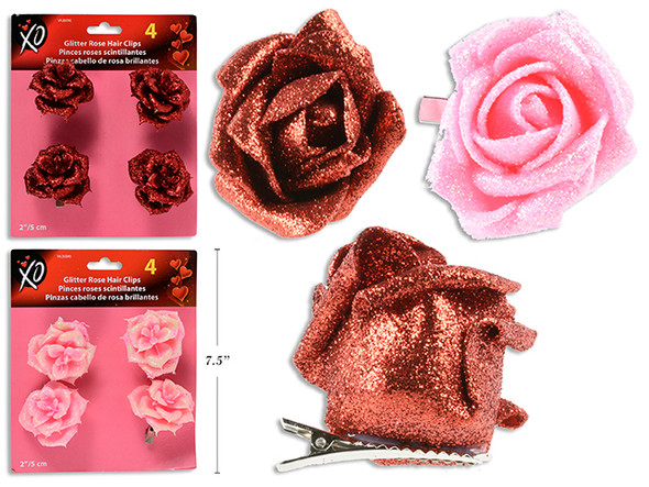4pk 2in V'tine Glitter Rose Clips. 2 Cols: Red / Pink. T.o.c.