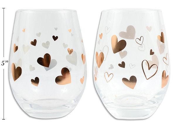 19.5oz (580ml) V'tine Bronze Foil Hotstamped Heart Stemless Wine Glass.