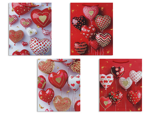 Matte w/Foil Red&White Heart Balloons Giftbag - Large. PP Handle. 4 Asst.Styles. J-hook.