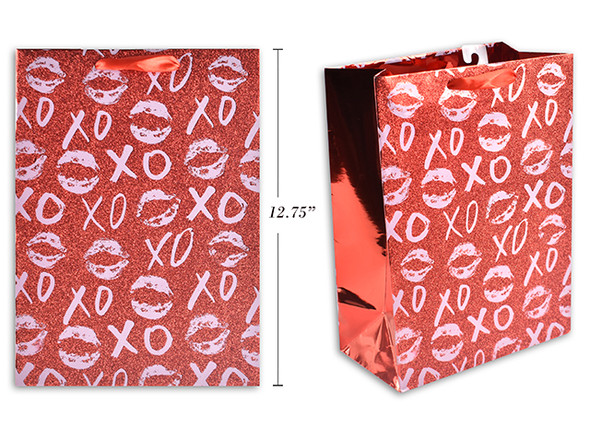 Metallic Glitter Happy Valentines Day Giftbag - Large. Satin Handle w/Hangtag. J-hook.
