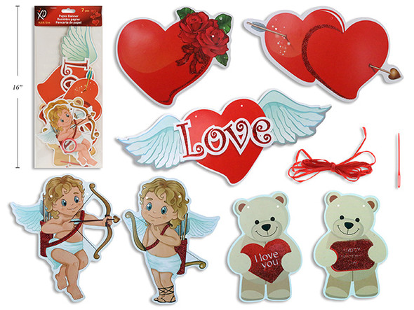 9.8ft 7pk Vtine Cupid w/Bear Paper Banner. Polybag w/Insert. English Only