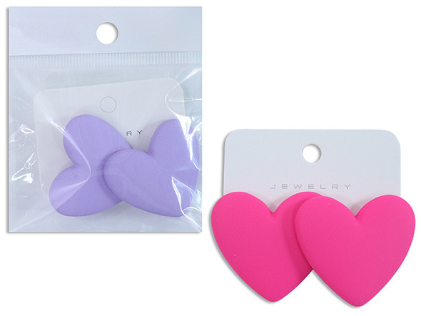 2pk 1.5in x 1.38in Matte Heart Stud Earrings. 2 Asst.Colours. Polybag w/Insert.