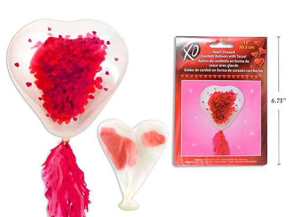 12in V'tine Heart Shaped Confetti Tassel Balloon. Polybag w/Insert.
