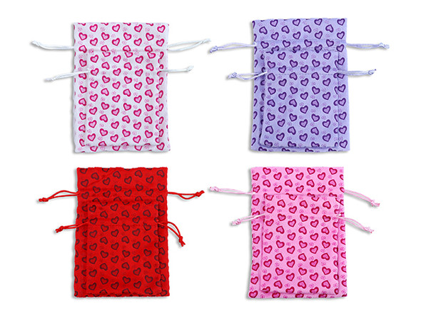 Set/2 Printed Hearts Plush Drawstring Gift Sack. 4 Asst.Colours. h/c.