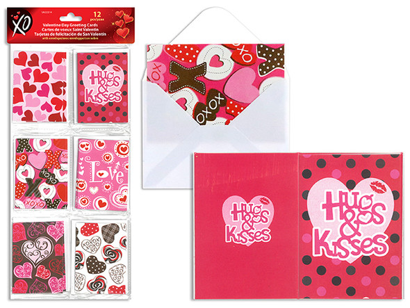 12pk 3.5in x 2-1/3in V'tine Greeting Cards w/ Envelopes. 6 Styles/Pack. Pbh.