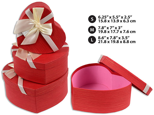 Set/3 Heart Paper Gift Boxes w/Satin Ribbon. 3 Sizes. UPC