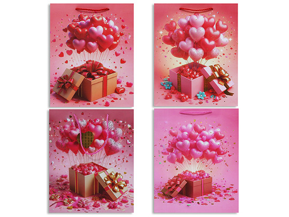 Matte w/Foil Heart Balloons Rising from Giftbox - Medium. PP Handle. 4 Asst.Styles. J-hook.