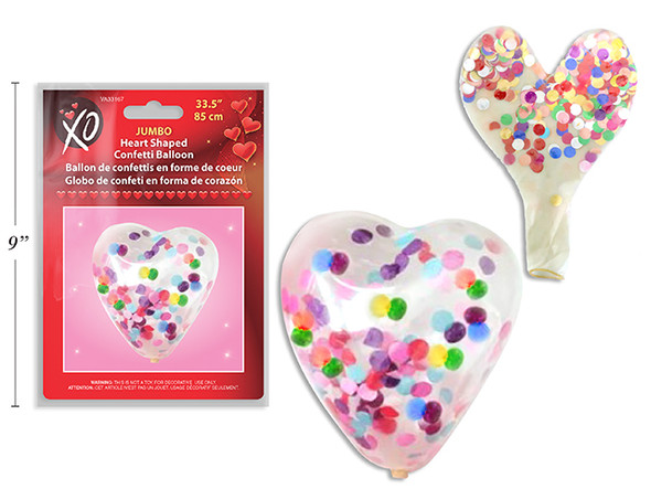 33.5in JUMBO V'tine Heart Shaped Confetti Filled Balloon. Polybag w/Insert.