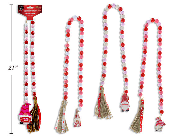 29.5in V'tine Wooden Beads Decor w/Die-Cut Gnome &Jute Tassel. 15mm Beads. 4 Asst.Styles. h/c. English Only