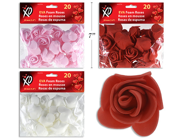20pk 35mm V'tine EVA Foam Roses. 3 Cols: Red / Pink / White. pbh.