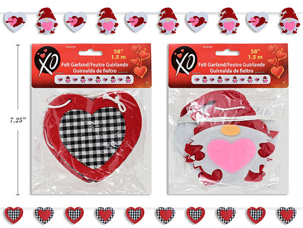 58in (1.5m) V'tine Layered Felt Garland. 2 Asst.Styles. Pbh.