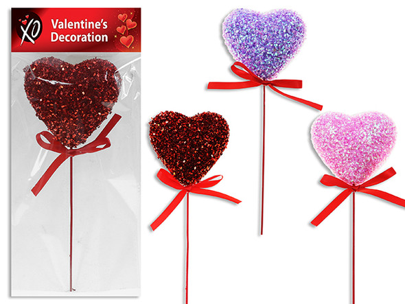 11.4in Tinsel Confetti Heart Pick. Heart Size: 3.94in. 3 Cols: Red / Pink / Purple. Pbh.