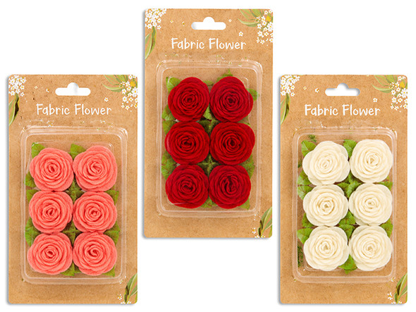 6pcs 1.57in Felt Rose Table Scatter / Decoration. 3 Cols: Red / Pink / White. b/c.