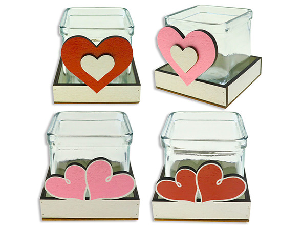 3.5in(W) x 3.19in(H) Heart Glass Candle Holder / Planter w/Die-Cut Layers MDF Base. 4 Asst.