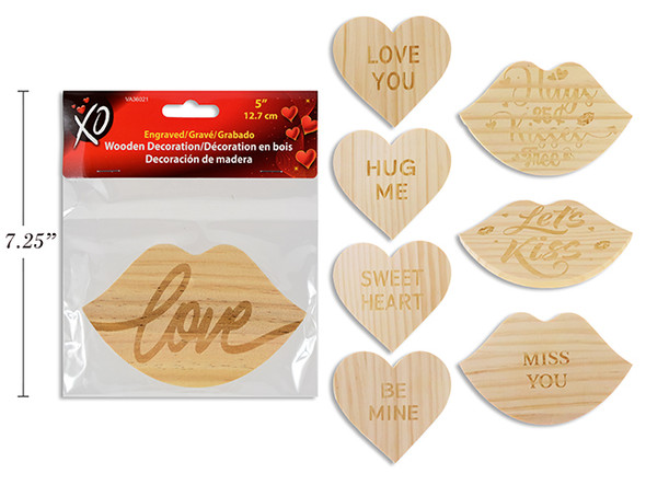 5in V'tine Engraved Die-Cut Lips /Heart Wooden Decoration. 8 Asst.Styles. Pbh. English Only