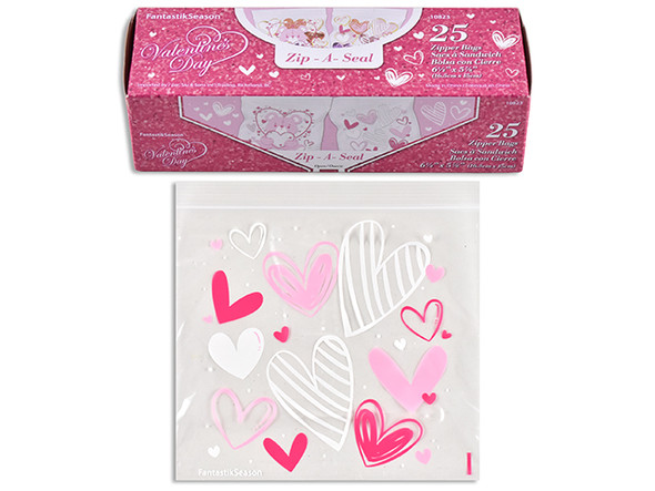 20pcs 6.5in x 5.9in V'tine Resealable Bags in Box. Perforated Colour Box.