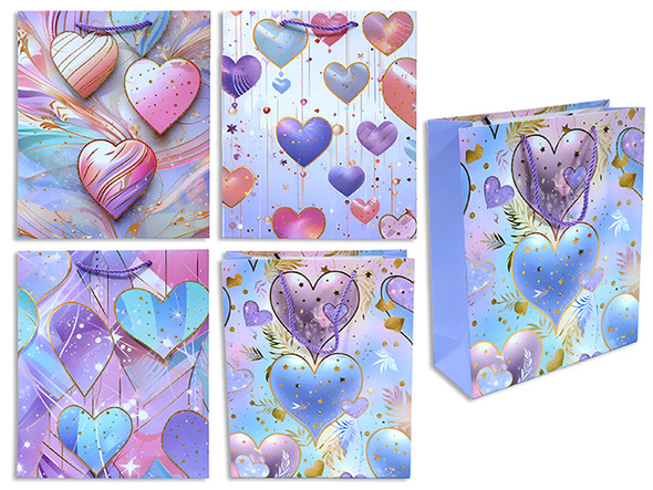 Matte w/Foil Outline Pastel Heart Giftbag - Jumbo. PP Handle. 4 Asst.Styles. J-hook.