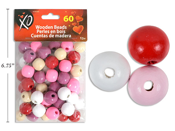 60pk 15mm V'tine Wooden Beads. 5 Colours/Pack. Pbh.