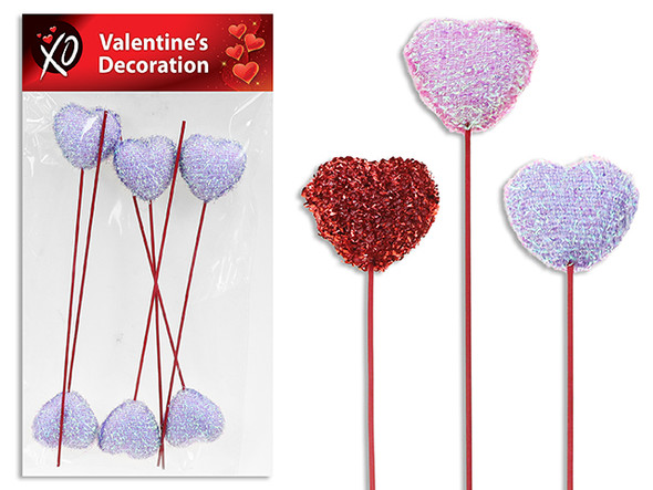 6pk 10.43in Tinsel Confetti Heart Picks. Heart Size: 1.97in. 3 Cols: Red / Pink / Purple. Pbh.