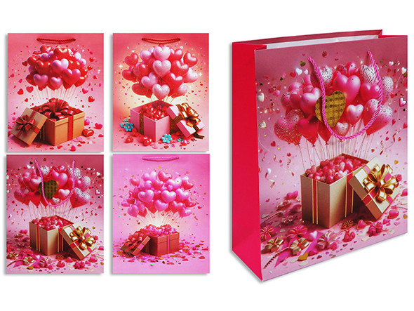 Matte w/Foil Heart Balloons Rising from Giftbox - Jumbo. PP Handle. 4 Asst.Styles. J-hook.