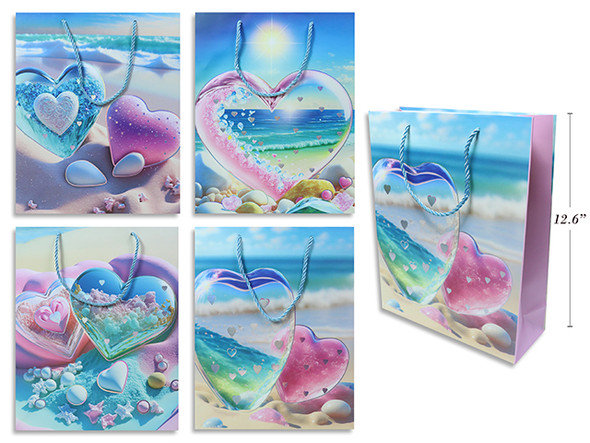 Matte w/Foil Pastel Heart Beach Scene Giftbag - Large. PP Handle. 4 Asst.Styles. J-hook.