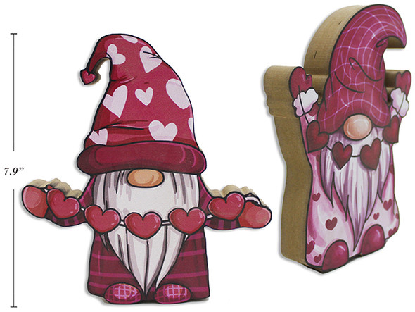 7.87in V'tine MDF Die-Cut Gnome Tabletop Decor. 2 Asst.Styles.