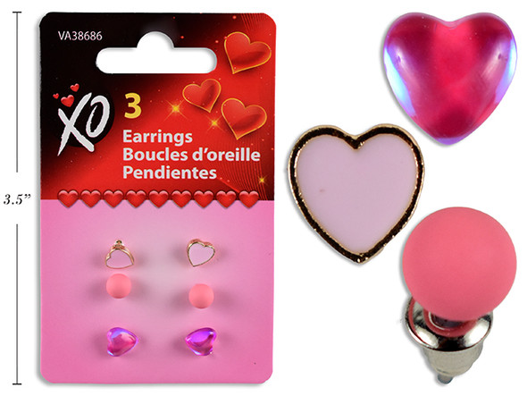 Set/3 V'tine Stud Earrings. 3 Styles/Pack. T.o.c.
