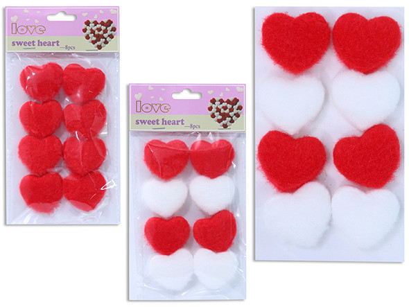 8pcs 1.8in x 1.6in Fluffy Foam Heart Stickers. 2 Asst: Red / Red+White. pbh.