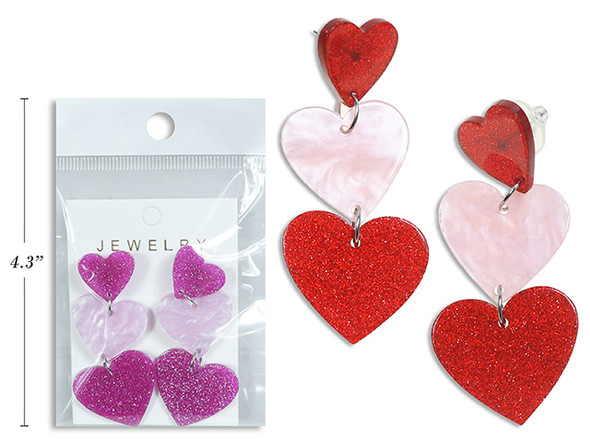 2pk V'tine 3-Section Glitter Heart Acrylic Earrings. Size: 2.56in x 1.1in. 2 Cols. t.o.c.