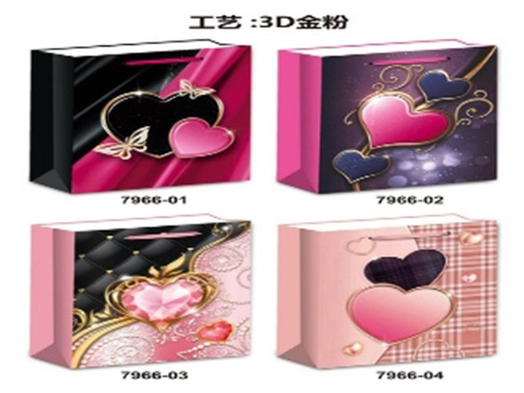 Matte w/Tip-On Glitter Black/Pink Heart Giftbag - Medium. PP Handle. 4 Asst.Styles. J-hook.