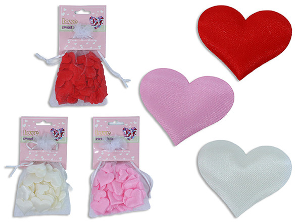 70pcs Fabric Heart Table Scatter in Organza Bag. 3 Sizes/Pack. 3 Cols: Red / Pink / White. h/c.