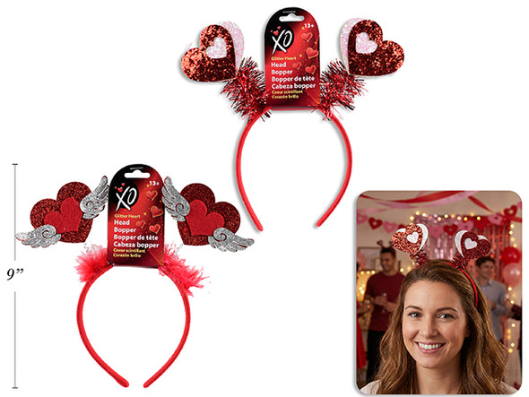 V'tine Glitter Felt Heart Headbopper. 2 Asst.Styles. Wrap Header.