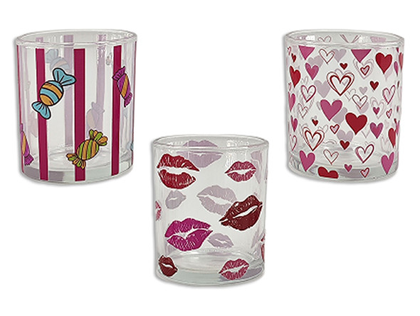 3.15in(H) V'tine Heart Printed Glass Candle Holder. 2.8in(D). 3 Styles: Lips / Heart / Sweets.