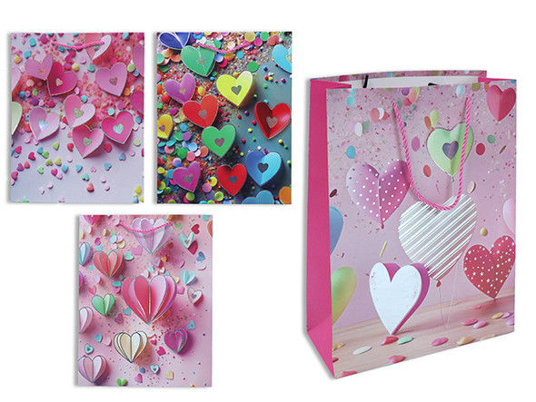 Matte w/Foil Paper Heart Scatter Giftbag - Large. PP Handle. 4 Asst.Styles. J-hook.