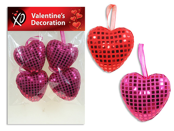 4pk 2.76in Hanging Foil Disco Ball Hearts. 3 Cols: Red / Fuchsia / Purple. Pbh.