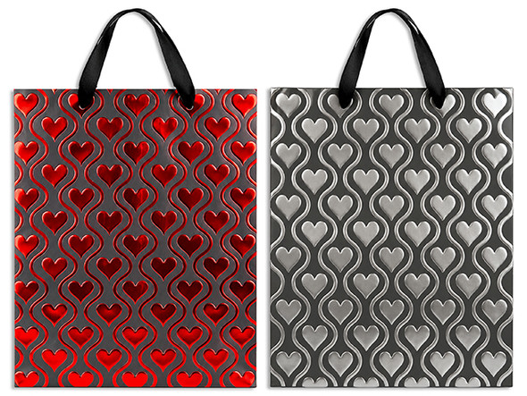 Matte 2-Tone Metallic Foil Emboss Heart Giftbag- Small. Satin Ribbon Handle. 2 Asst. J-hook.
