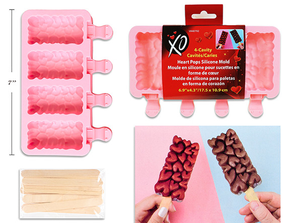 6.9in x 4.33in 4-Cavity Rectangular Heart Pops Silicone Mould. Incl: 12pcs Pop Stick.Sleeve Card.