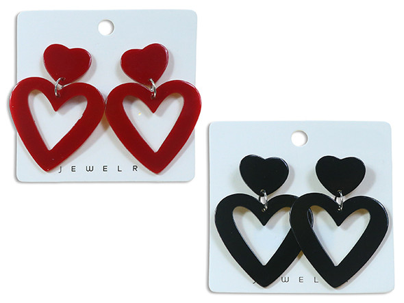 2pk 2in x 1.2in Acrylic Hollow Heart Earrings. 2 Cols: Black / Red. t.o.c.